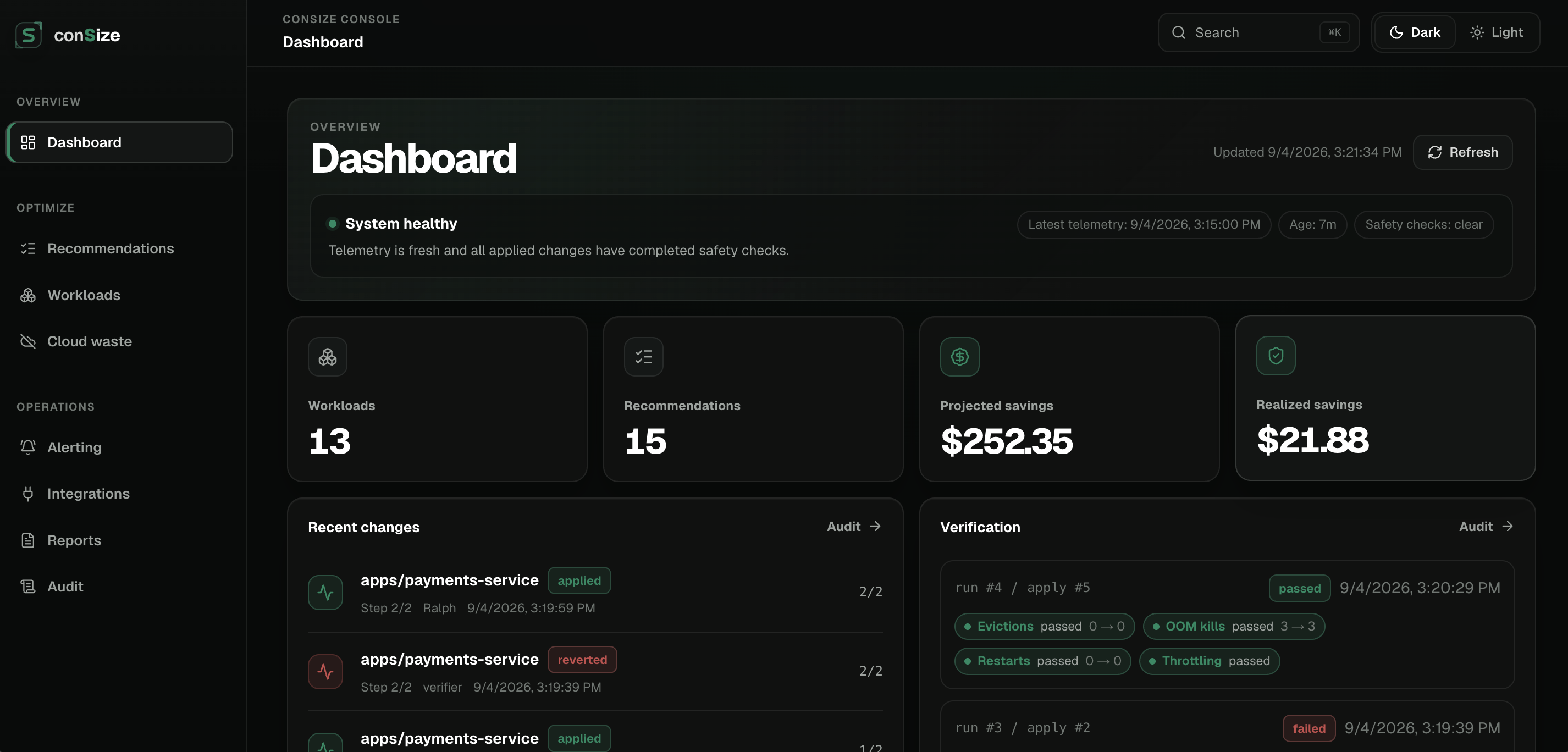 The Consize dashboard showing a rightsizing recommendation and its safety verification status